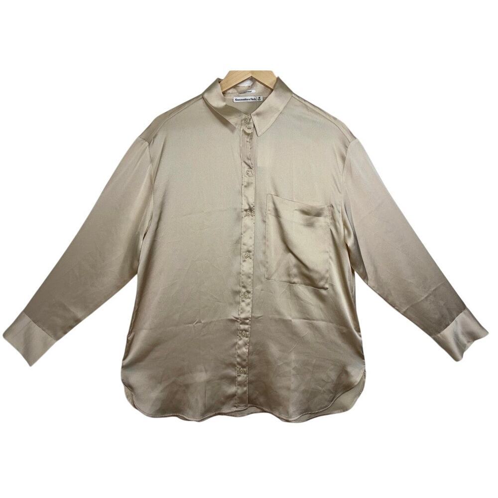 NWT Abercrombie & Fitch Oversized Gold Satin Button Up Long Sleeve Blouse Size M